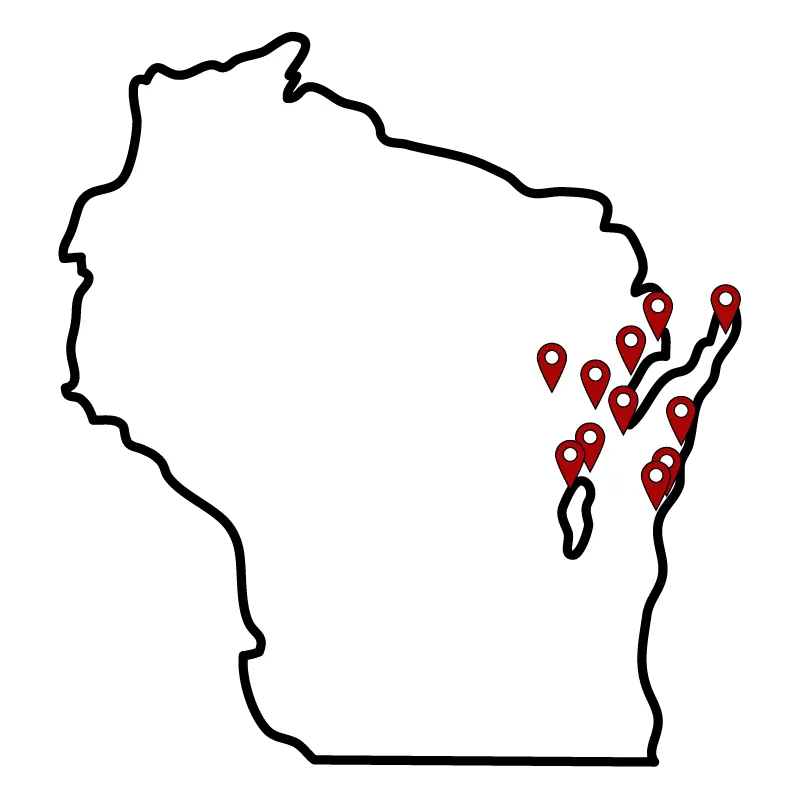 Pouwels service area with pins in Wisconsin